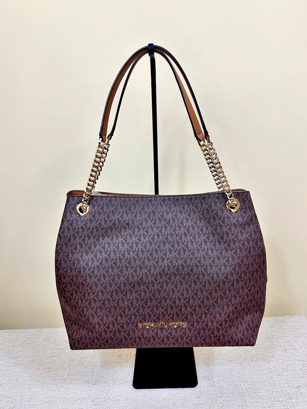 Michael Kors Brown MK Shoulder Bag Tote Jet Set NWT Gold Tone Hardware Chain